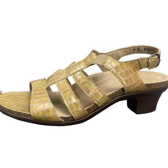 SAS Tripad Comfort Low Heel Sling-Back Mustard Yellow Patent Leather Sandal 9 - Picture 1 of 7